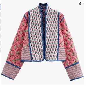 Wyeysyt Women's Cropped Puffer Quilted Jacket Cardigan Floral Printed Coat